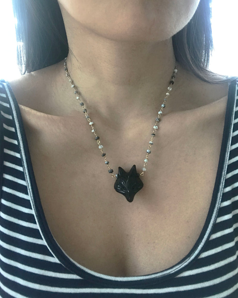 Dalmatian Opal and Obsidian Fox Necklace