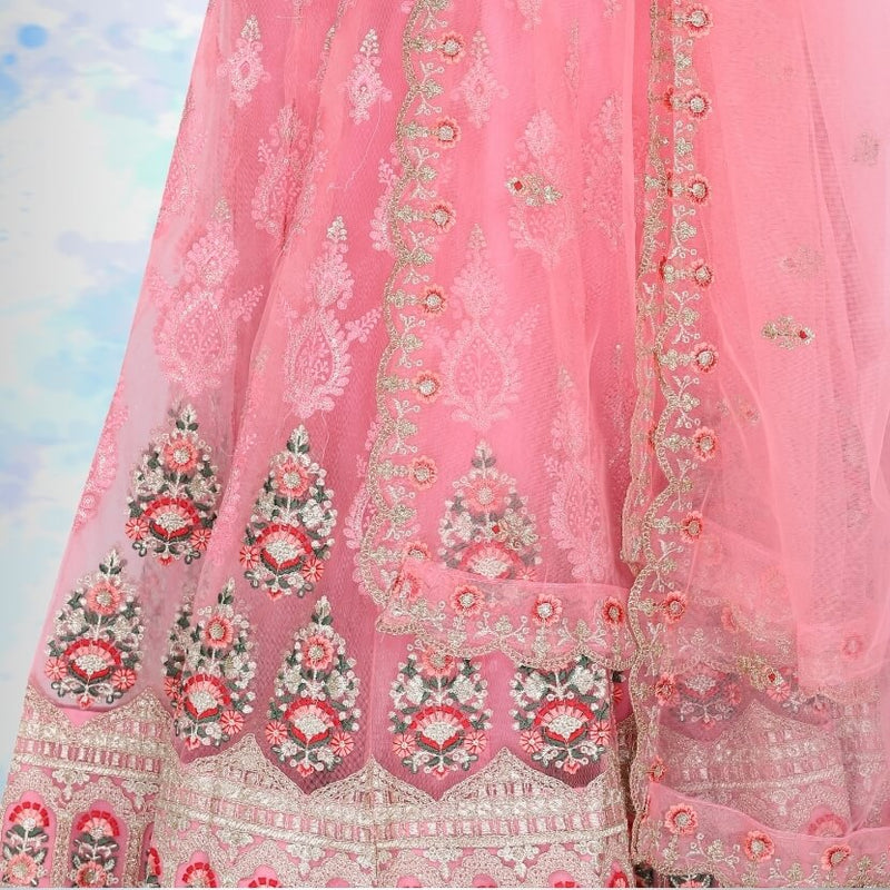 Pink Pure Net Lehenga Choli With Multicolor Embroidery