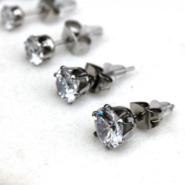 Pair of 316L Surgical Steel Clear Round CZ Stud Earrings
