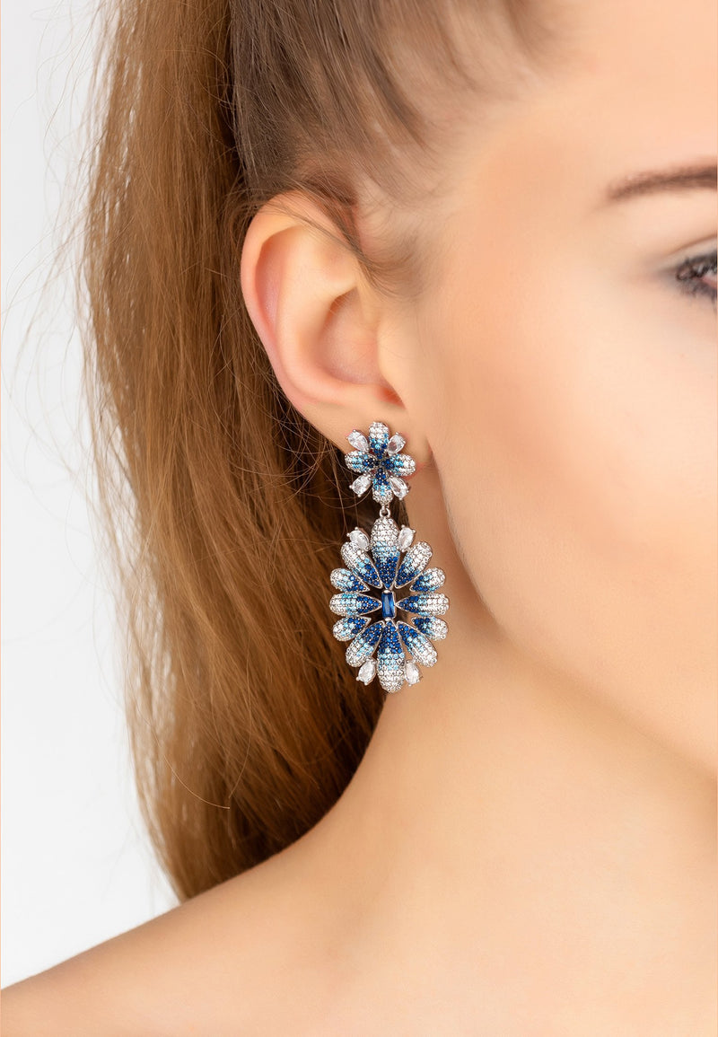 Babylon Ice Blue Gradient Flower Drop Earrings Silver