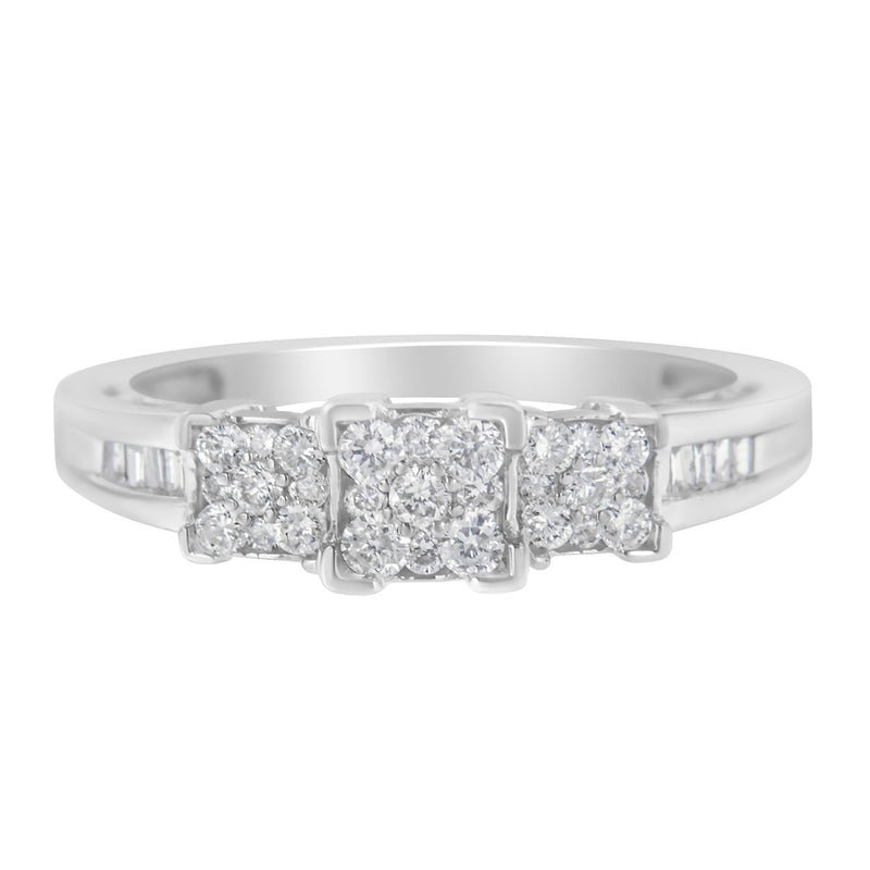 10K White Gold 1/2 Cttw Brilliant & Baguette Cut Diamond 3 Stone Design With 3 Square Clusters Engagement Ring (H-I Colo