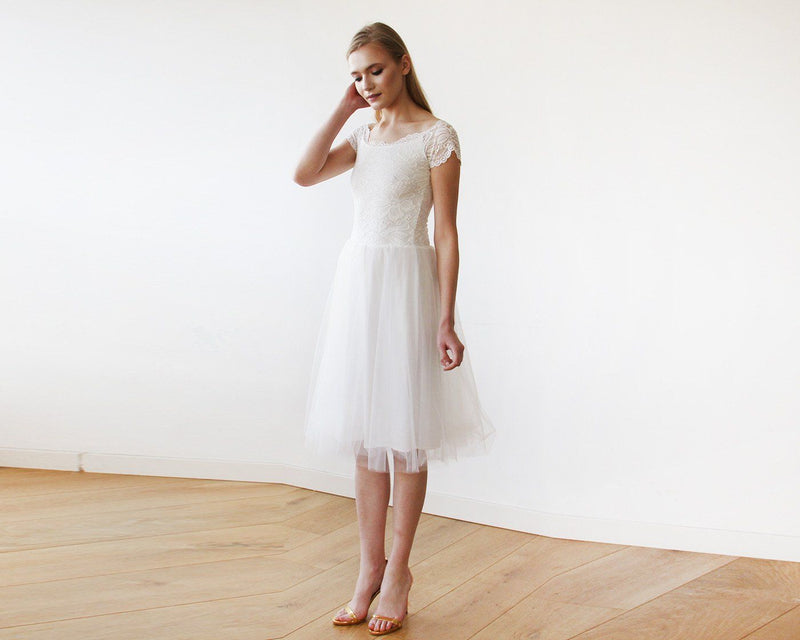 Short Wedding Dress ,Ivory Off-The-Shoulders Midi  Dress #1153