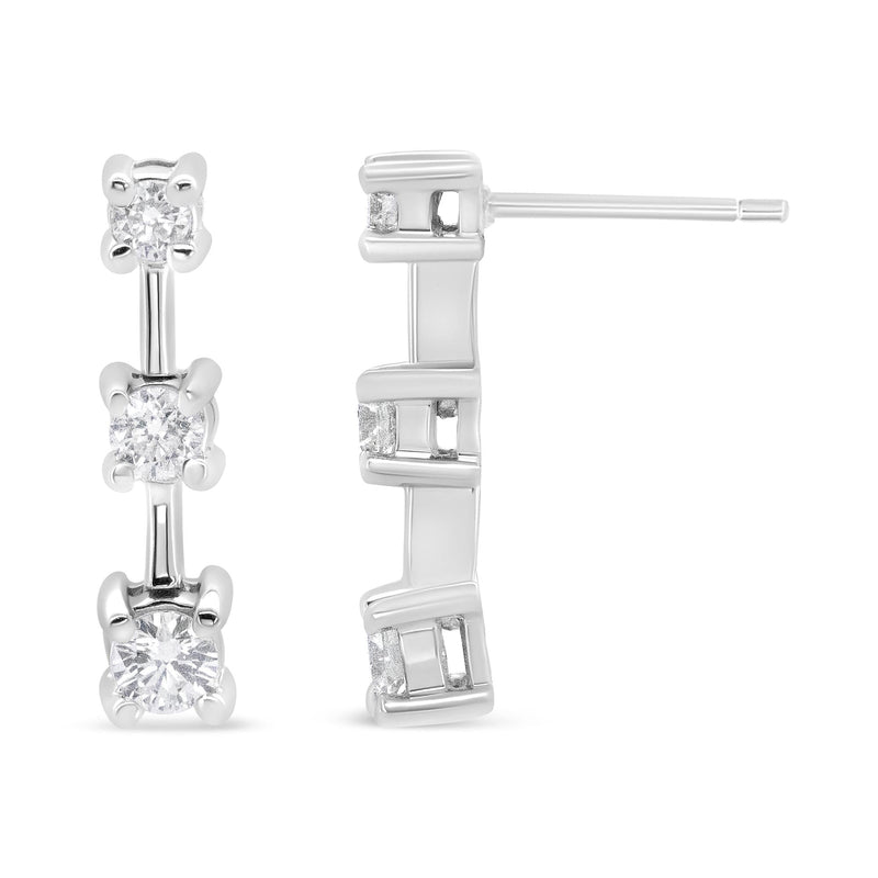 14K Yellow Gold 1/2 Cttw Round Diamond 3 Stone Graduated Linear Drop Past, Present and Future Stud Earrings (H-I Color,