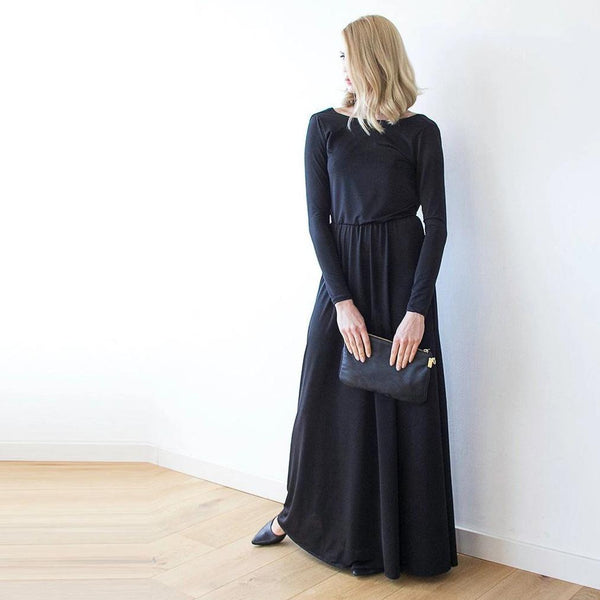 Black Formal Backless Long Sleeve Maxi Dress #1041