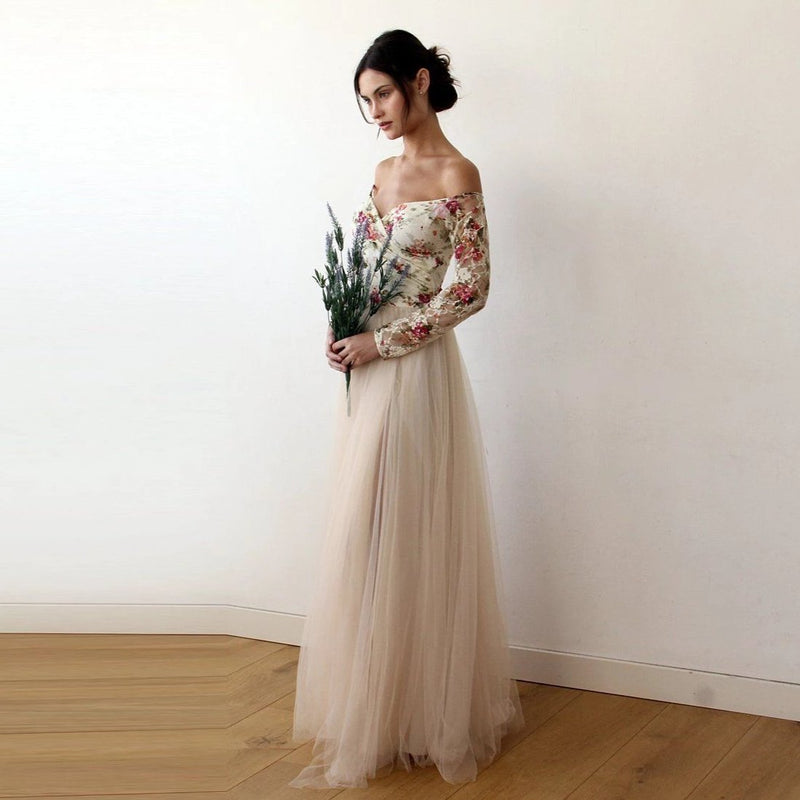 Off-Shoulder Floral and Champagne Tulle Dress With a Slit 1176