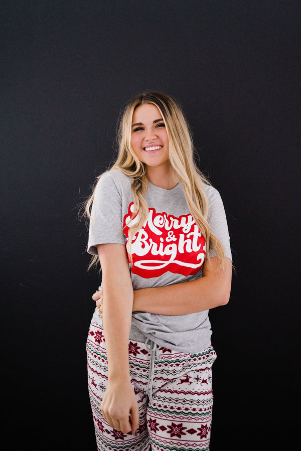 Merry and Bright Graphic Tee- Grey