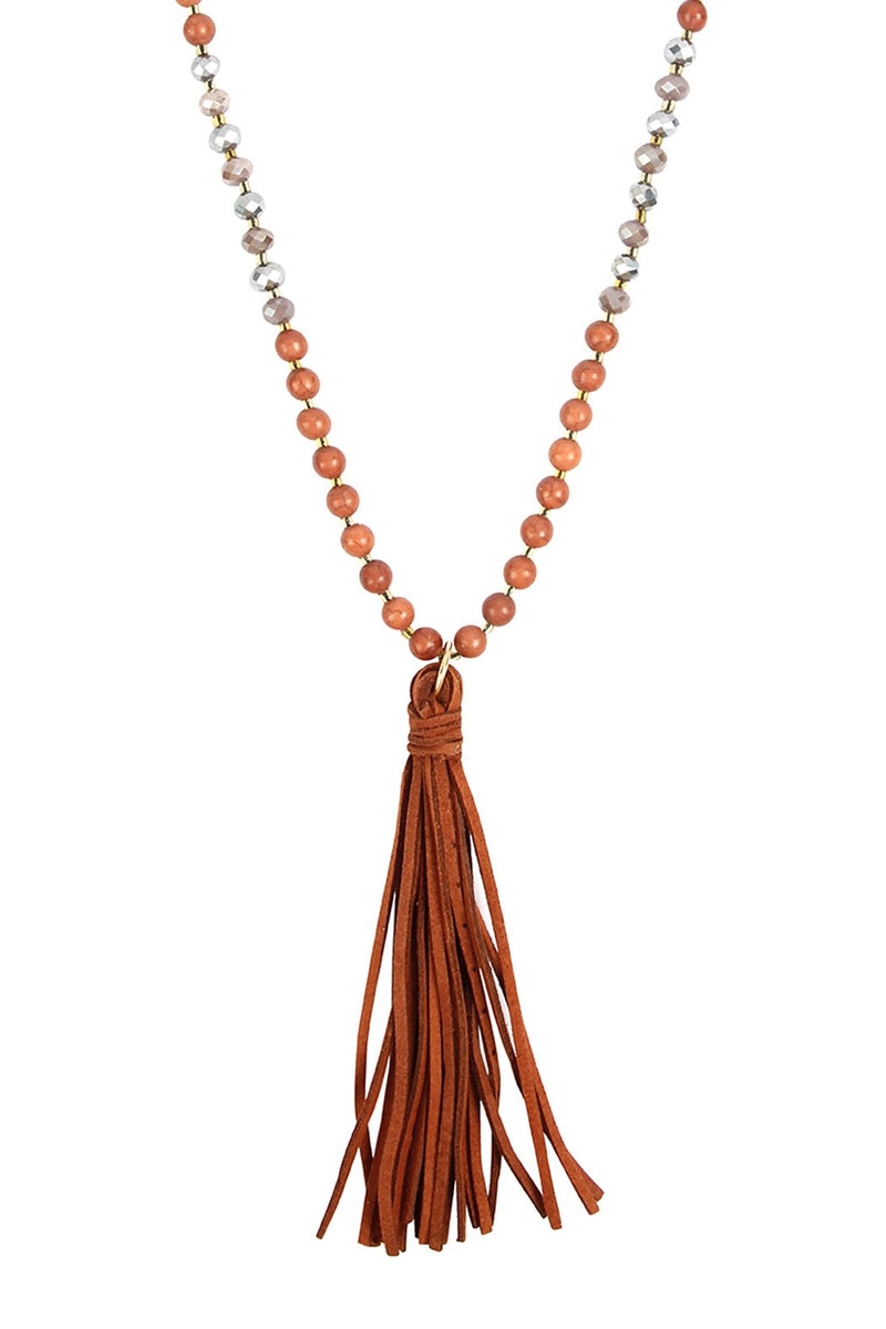 Beaded Necklace With Leather Tassel