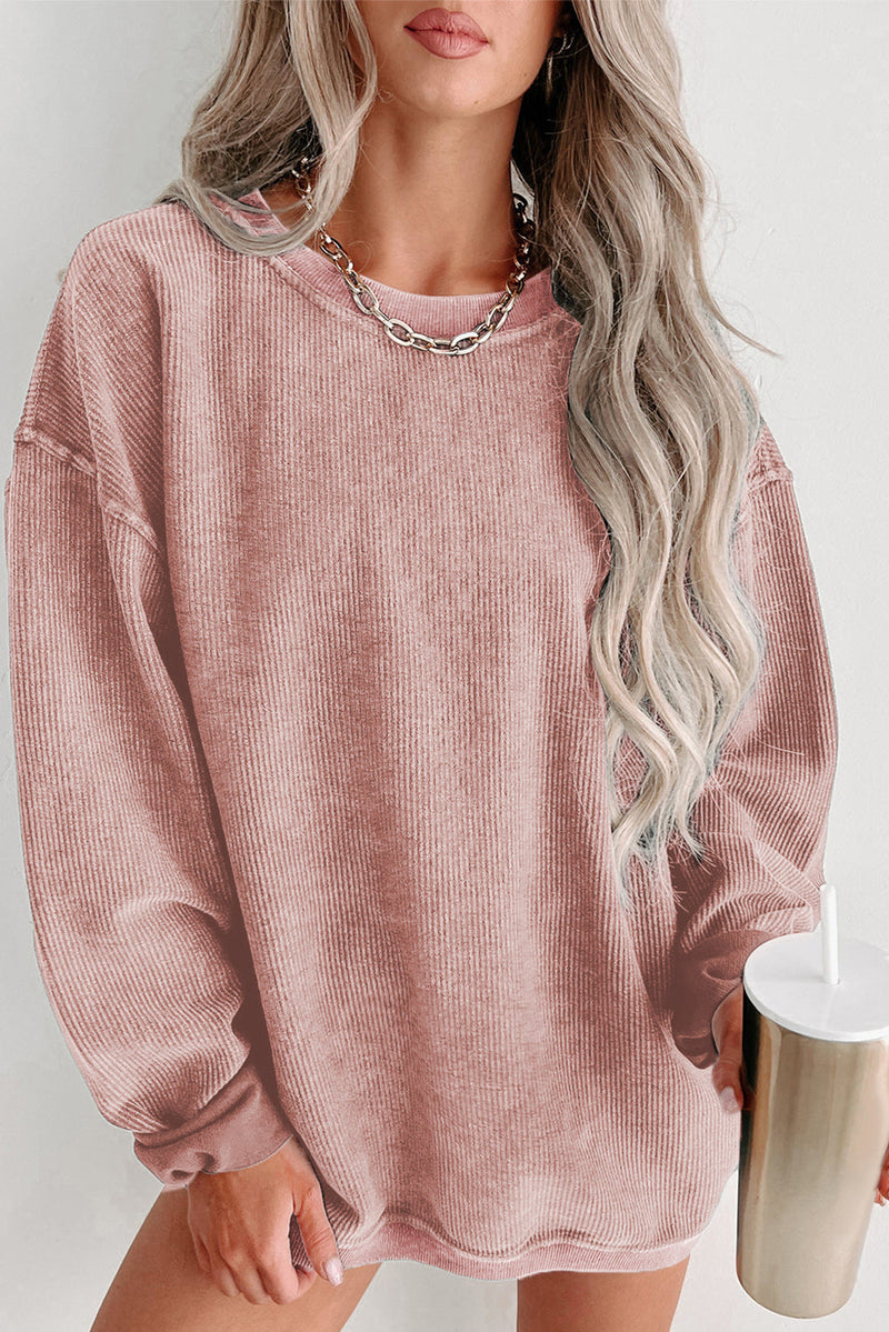 Faith Solid Ribbed Knit Round Neck Pullover Sweatshirt