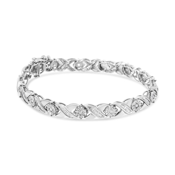 .925 Sterling Silver 1.0 Cttw Round-Brilliant and Baguette Cut Diamond Miracle-Set X-Link 7" Tennis Bracelet (I-J Color,