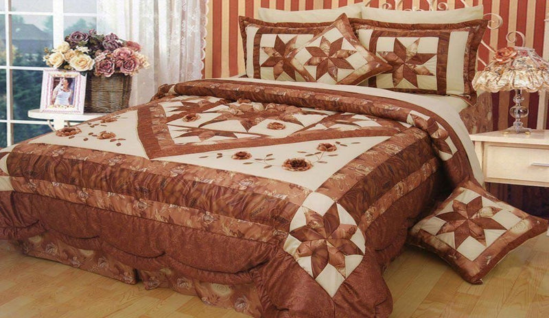 Diamond of Night Embellished Brown Beige Floral Stars Ruffles Bedspread Comforter Set (BM915L)