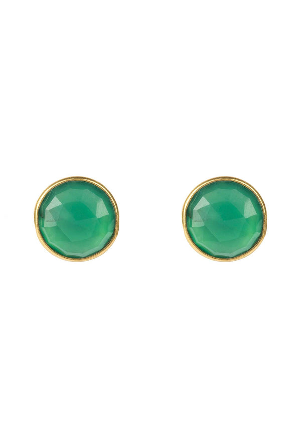 Medium Circle Stud Earrings Gold Green Onyx