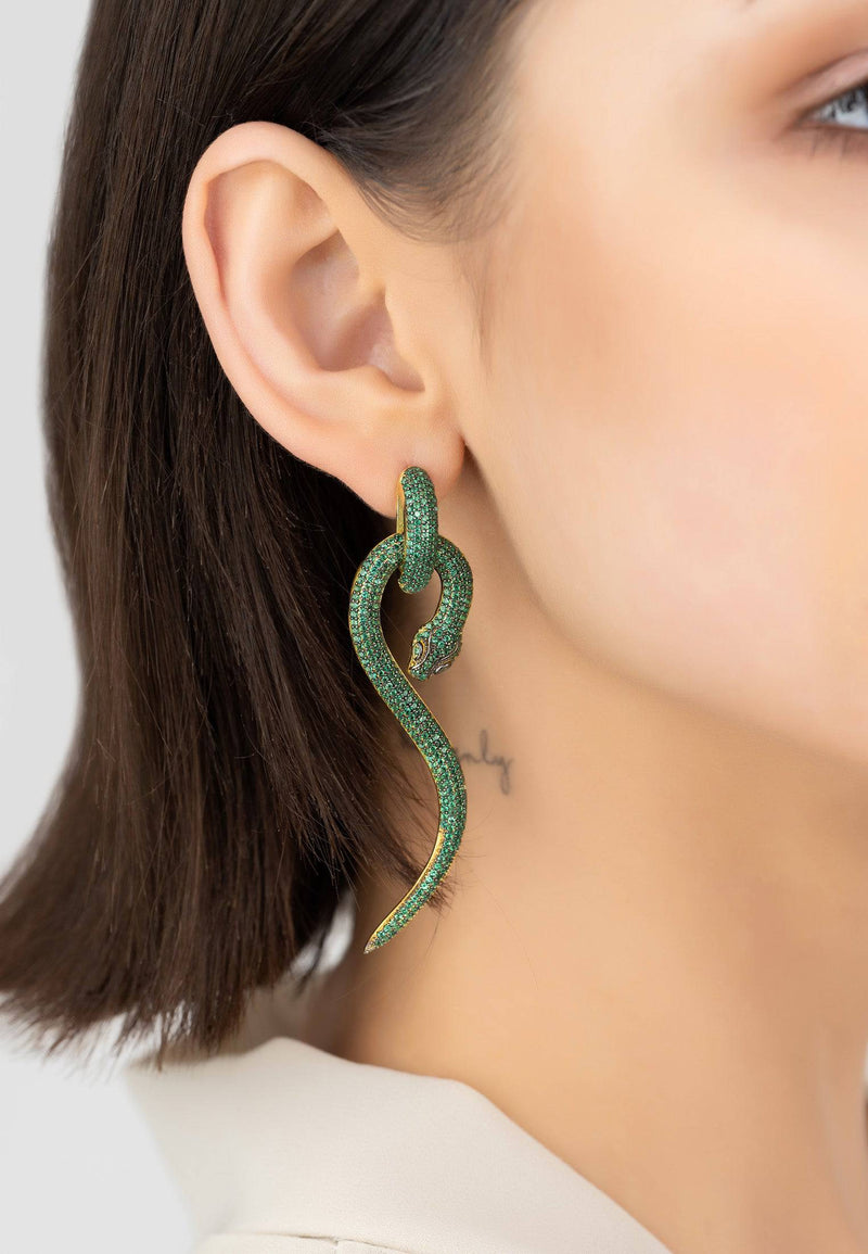 Anaconda Snake Drop Earrings Gold Emerald
