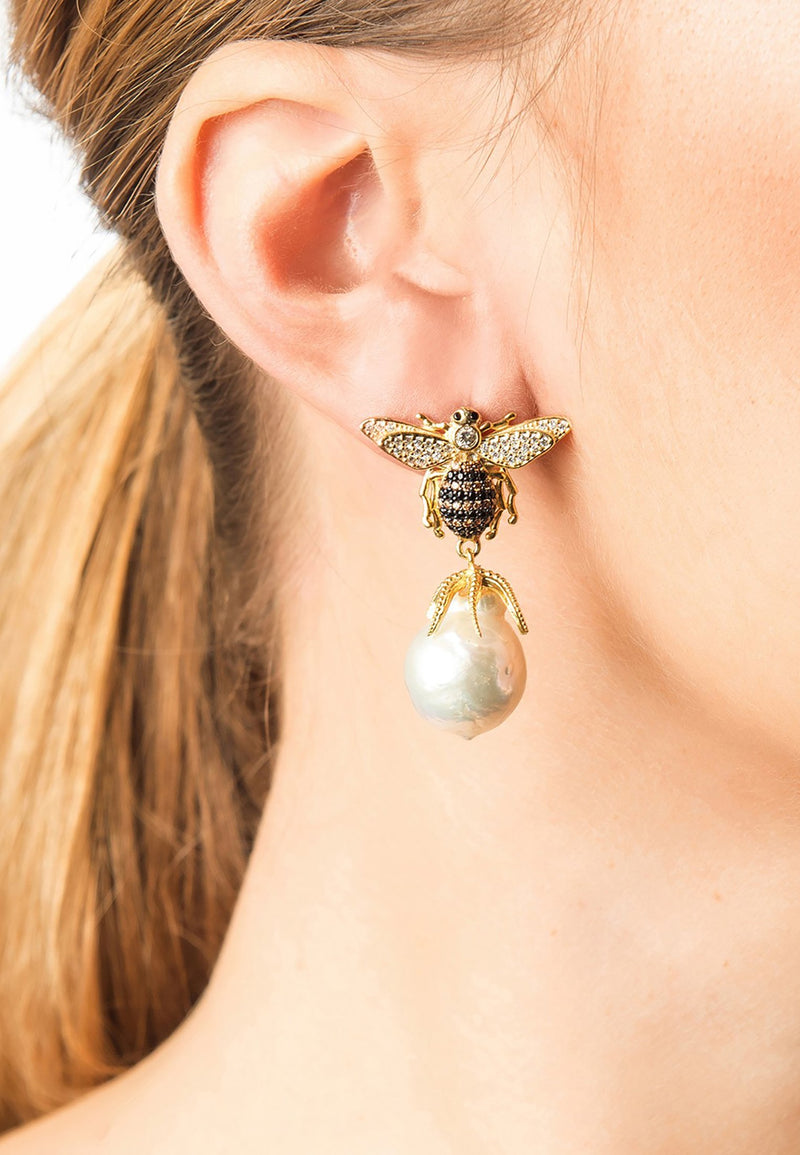 Baroque Pearl Honey Bee Drop Earring Gold