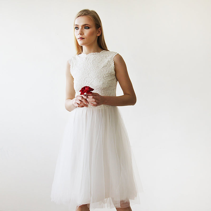 Short Wedding Dress ,Ivory Lace & Tulle Sleeveless Midi Dress #1159