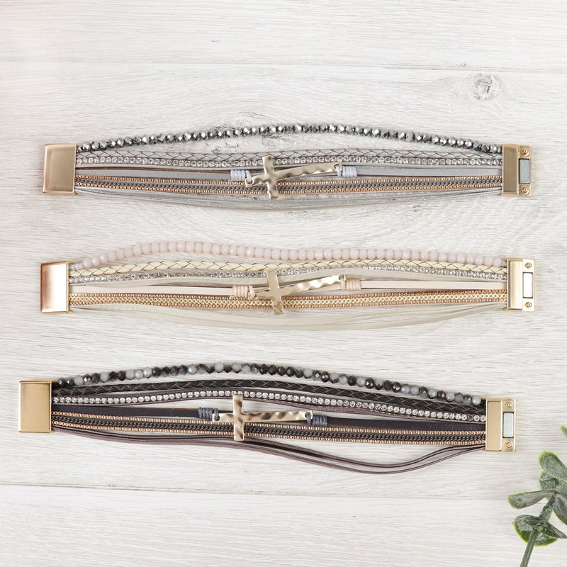 Hdb2976 - Cross Leather Wrap Glass Beads Magnetic Bracelet