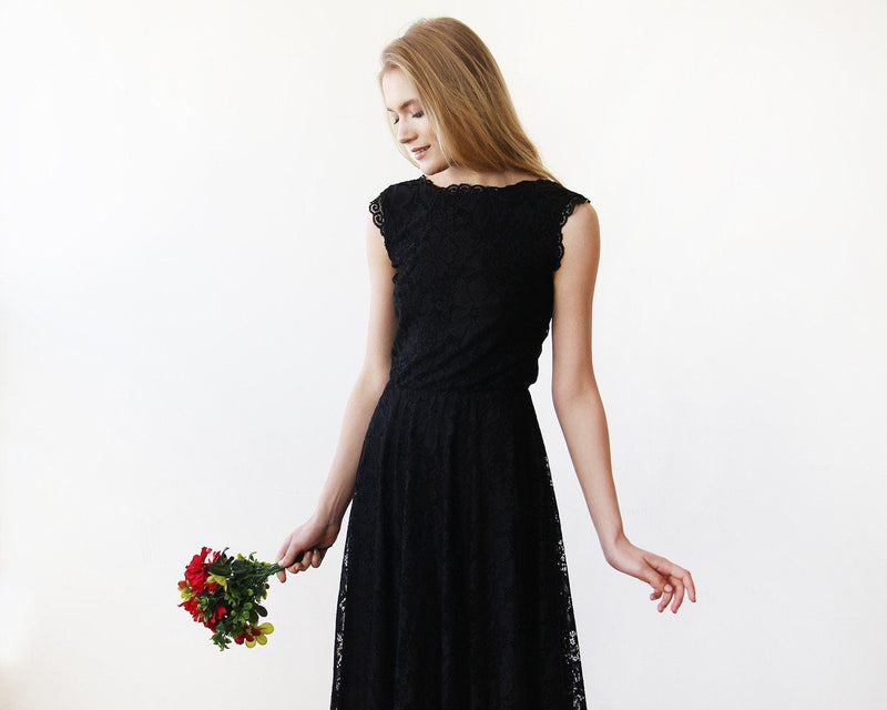 Open Back Lace Midi Sleeveless Black Dress SALE 1143