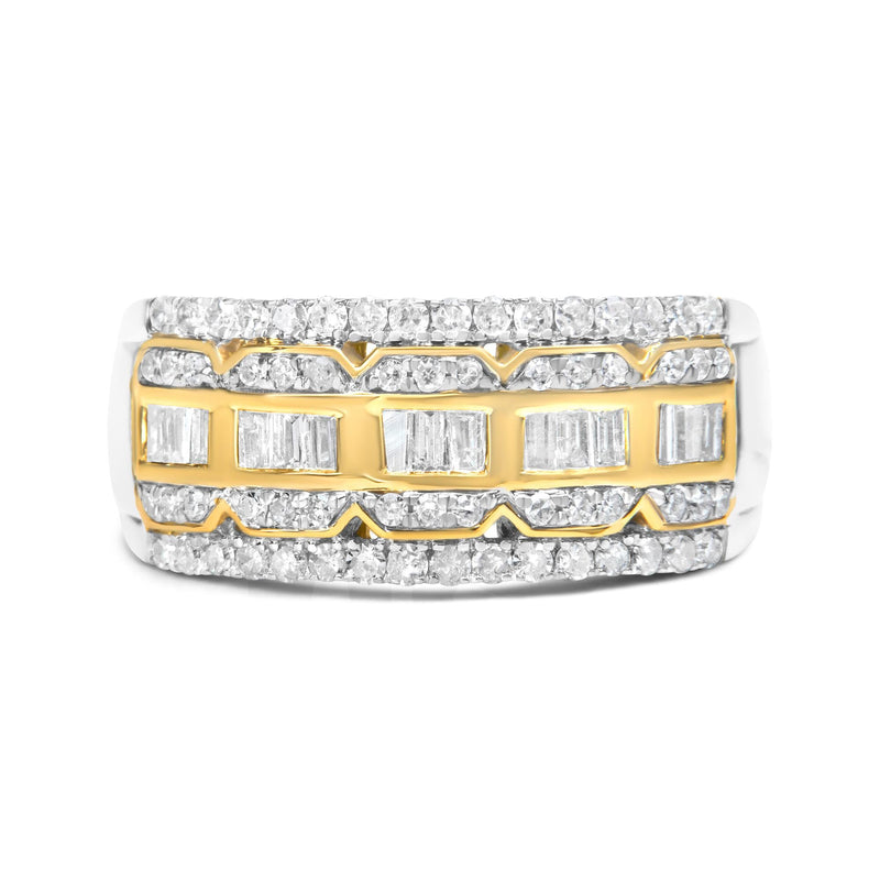 10K White and Yellow Gold 1.00 Cttw Baguette and Round Cut Diamond Art Deco Multi-Row Ring Band (I-J Color, I1-I2 Clarit