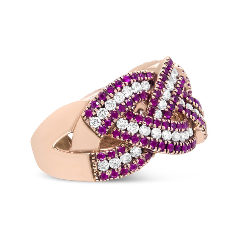 18K Rose Gold Red Ruby and 7/8 Cttw Diamond Woven Braided Band Ring (F-G Color, VS1-VS2 Clarity) - Ring Size 7