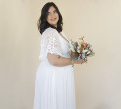Curvy  Ivory Butterfly Sleeves, Lace Bohemian Wedding Dress With Mesh Chiffon #1321