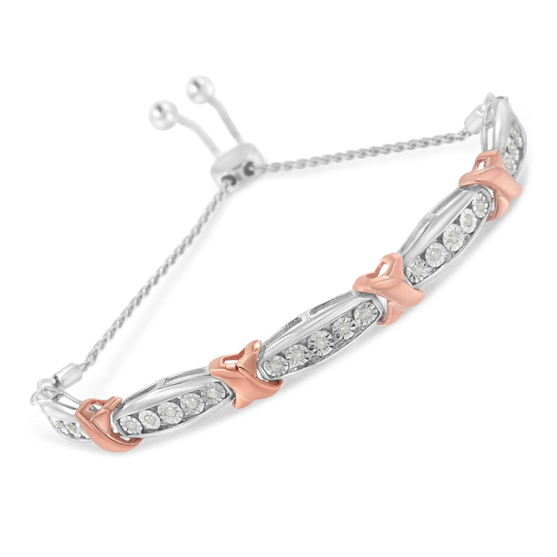 .925 Sterling Silver 1/4 Cttw Round-Cut Diamond X & Tapered Bar Miracle-Set Bolo Bracelet (I-J Color, I3 Clarity) - Two