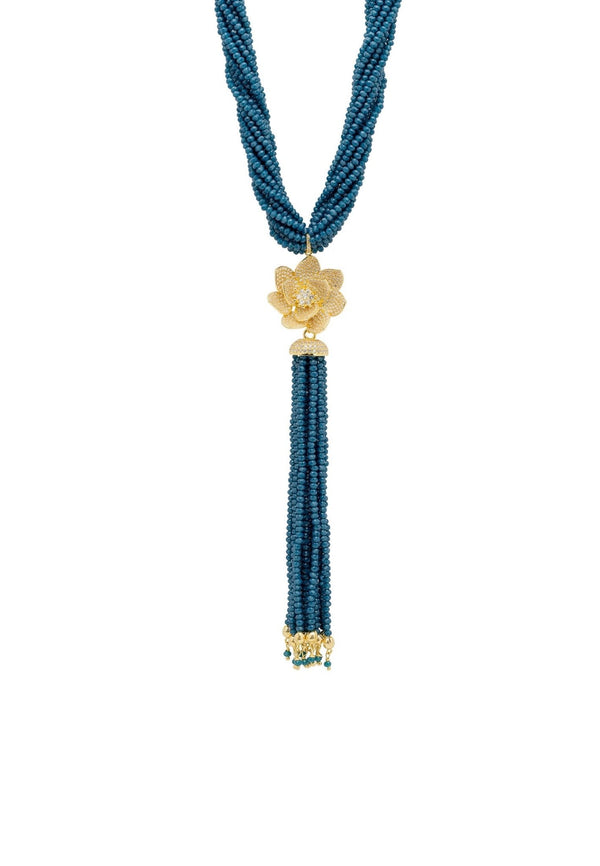 Lotus Flower Tassel Statement Necklace Iolite Blue Gold