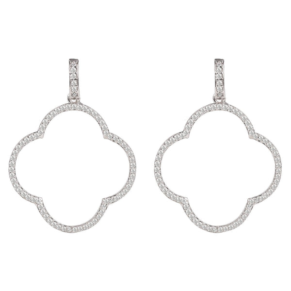 Open Clover Large Drop Earrings White CZ Silver
