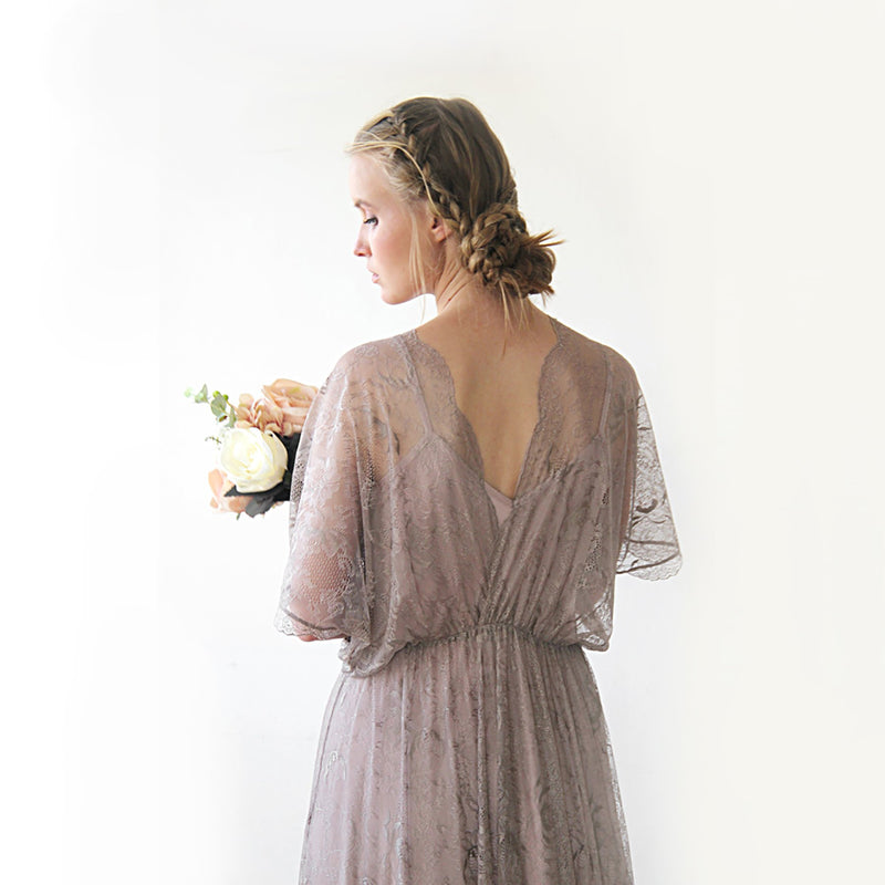 Taupe Sheer Lace Vintage Style Maxi Dress #1044