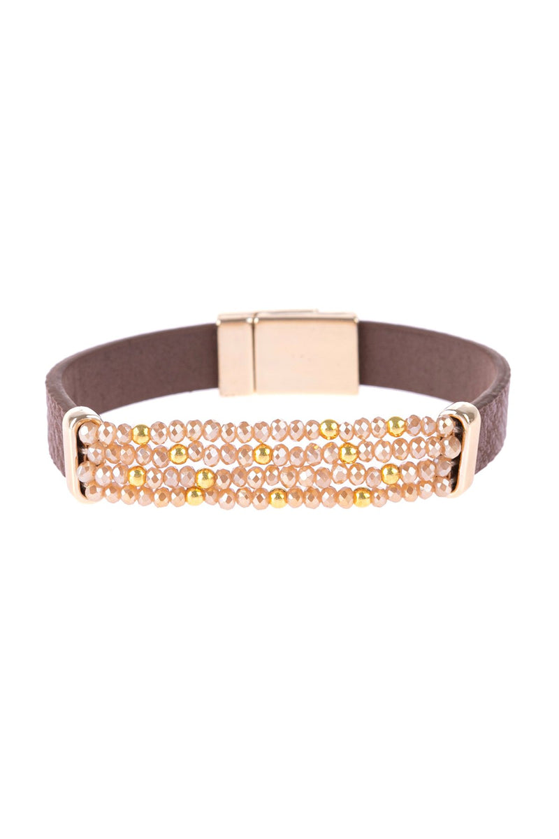 Hdb3156 - Four-Line Beaded Leather Strap Magnetic Bracelet