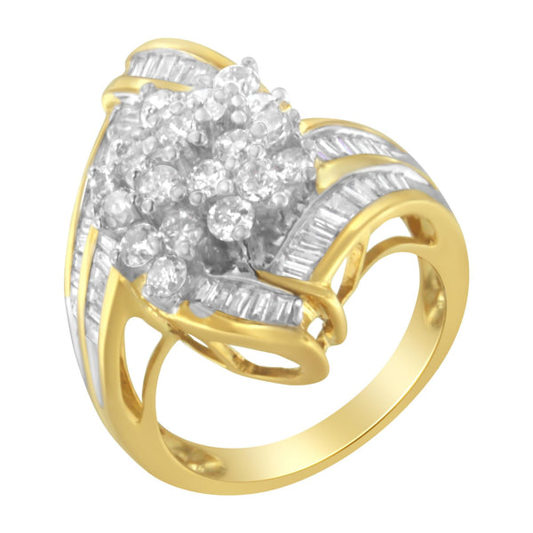 10K Yellow Gold Round and Baguette Diamond Swirl Ring (2.0 Cttw, J-K Color, I2 Clarity) - Size 7-1/4