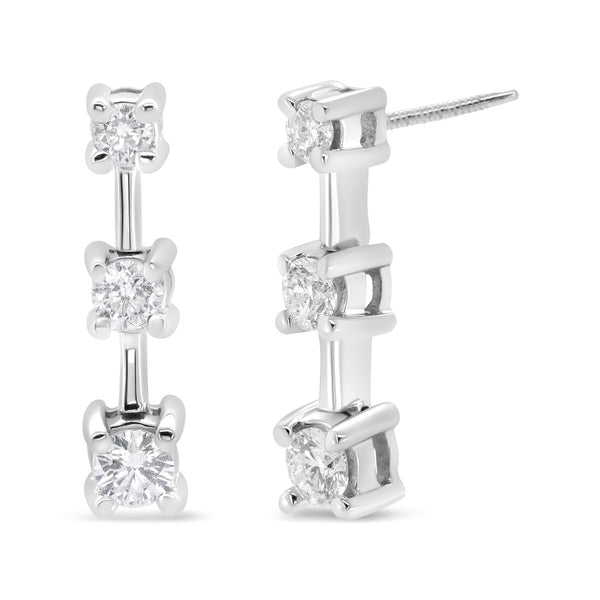 14K Yellow Gold 1/2 Cttw Round Diamond 3 Stone Graduated Linear Drop Past, Present and Future Stud Earrings (H-I Color,