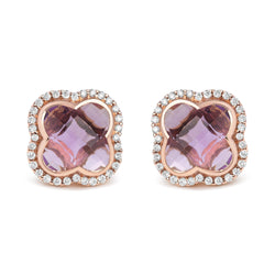 18K Rose Gold 3/8 Cttw Diamond and 11x11mm Clover-Cut Purple Amethyst Gemstone Clover Halo Stud Earrings (G-H Color, SI1