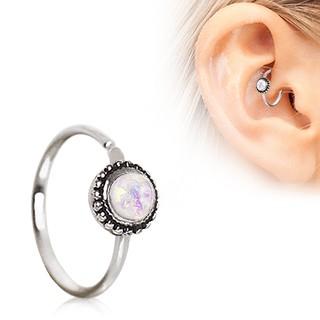 316L Stainless Steel White Synthetic Opal Ornate Cartilage Hoop Earring