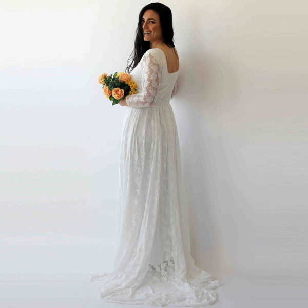 Curve & Plus Size Ivory Square Neckline Vintage Inspired Wedding Dress , Ivory Lace Long Sleeves Dress,  1272