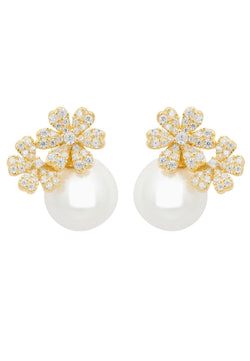 Bouquet and Pearl Stud Earrings Gold