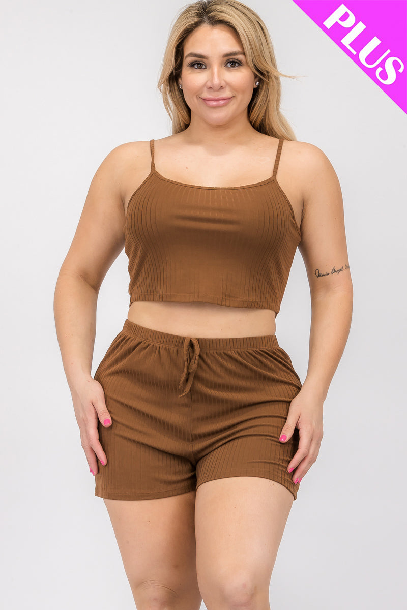 Plus Size Solid Ribbed Cami Top and Shorts Set (CAPELLA)