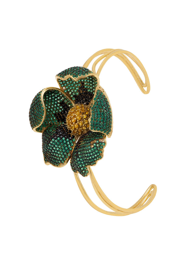 Poppy Bangle Cuff Bracelet Gold Emerald Green Cz