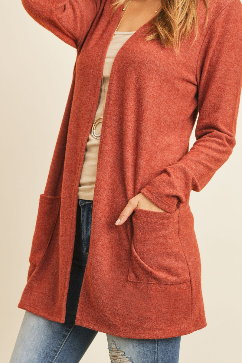 Solid Long Sleeved Open Front Pocket Cardigan