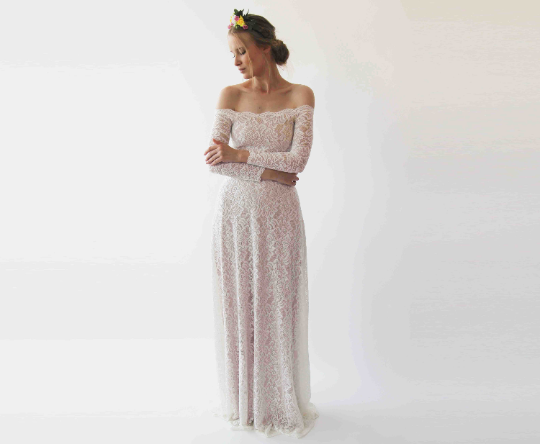 Ivory Nude F Shoulder Wedding Maxi Dress, Vintage Style Wedding Dress, 1257