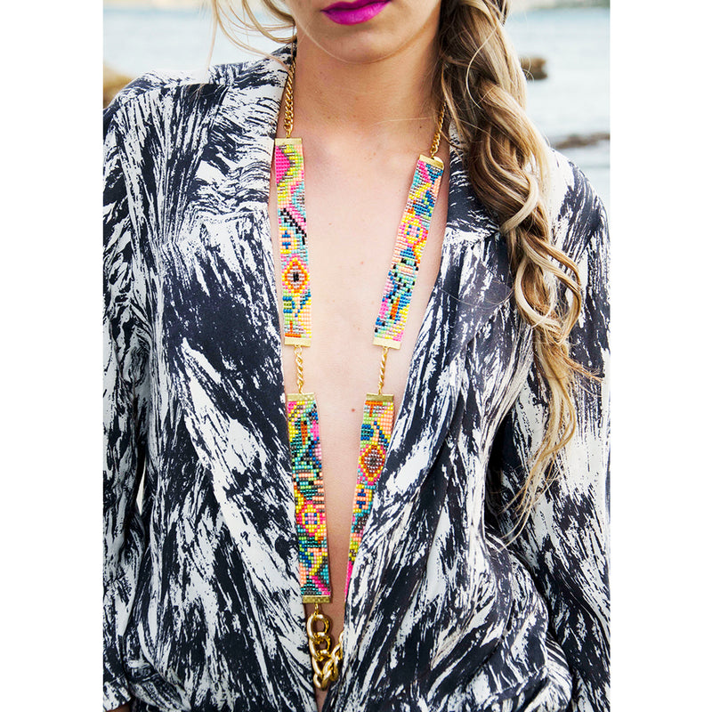Sea Candy Long Woven Beaded Necklace - Neon Pink