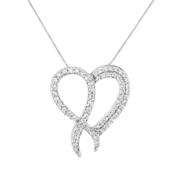.925 Sterling Silver 1 Cttw Diamond Heart and Ribbon 18" Pendant Necklace (I-J Clarity, I2-I3 Color) - 18"