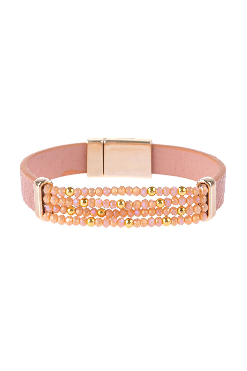 Hdb3156 - Four-Line Beaded Leather Strap Magnetic Bracelet