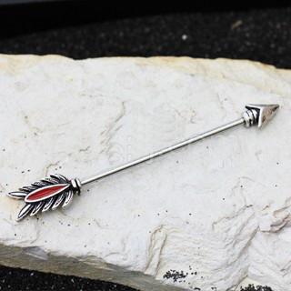 316L Stainless Steel Antique Tribal Arrow Industrial Barbell With Red Feather