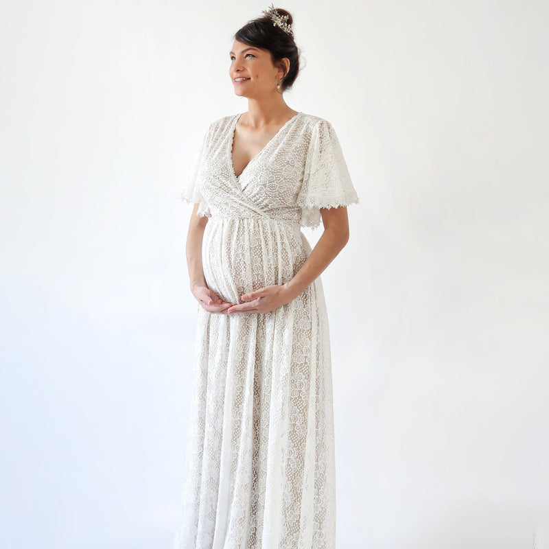 Maternity Ivory Pearl Lace Bohemian Wedding Dress With Pockets #7016