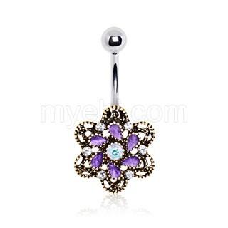 Antique Gold Plated Ornate Jeweled Camellia Flower Navel Ring
