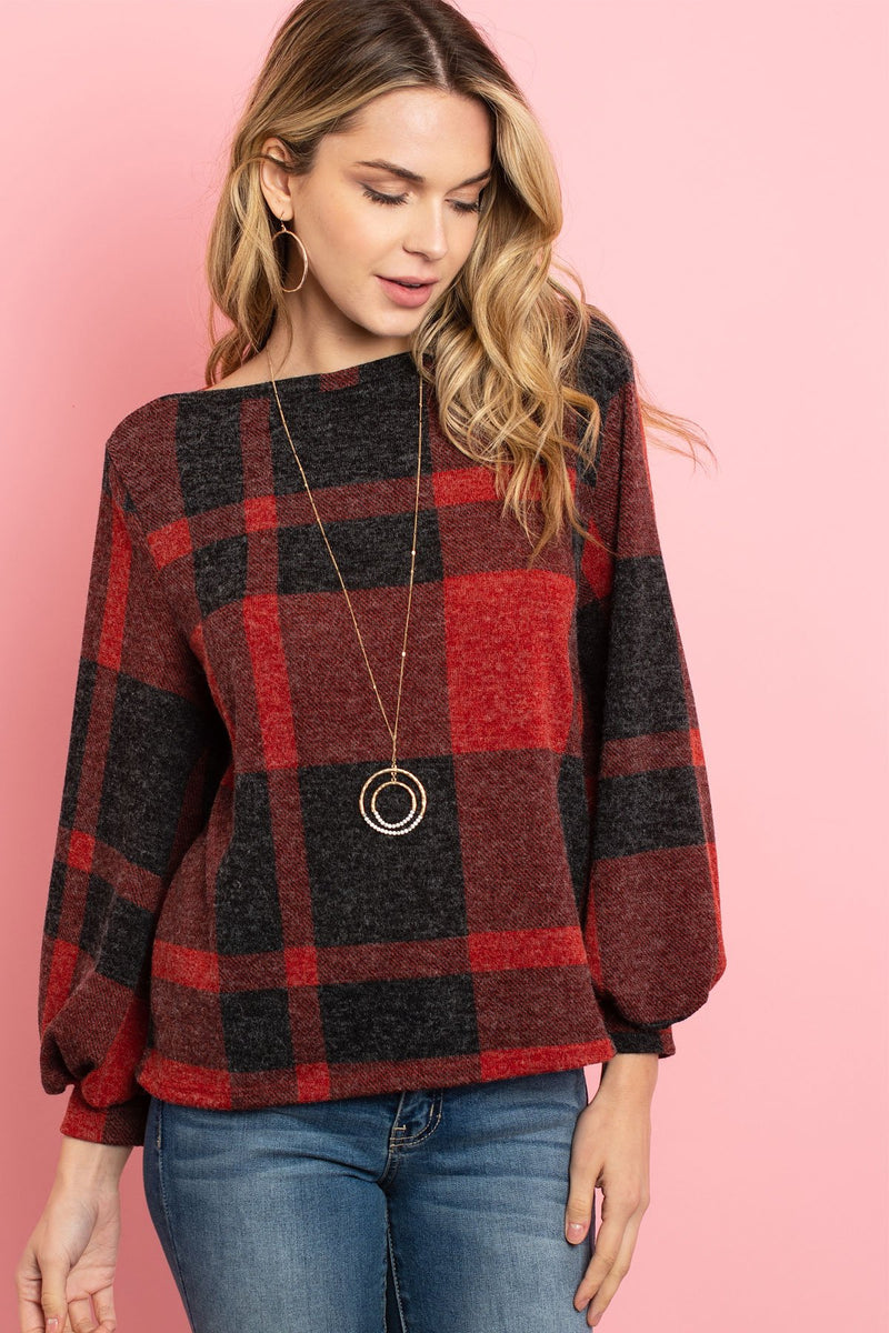 Boat Neck Puff Sleeves Plaid Top