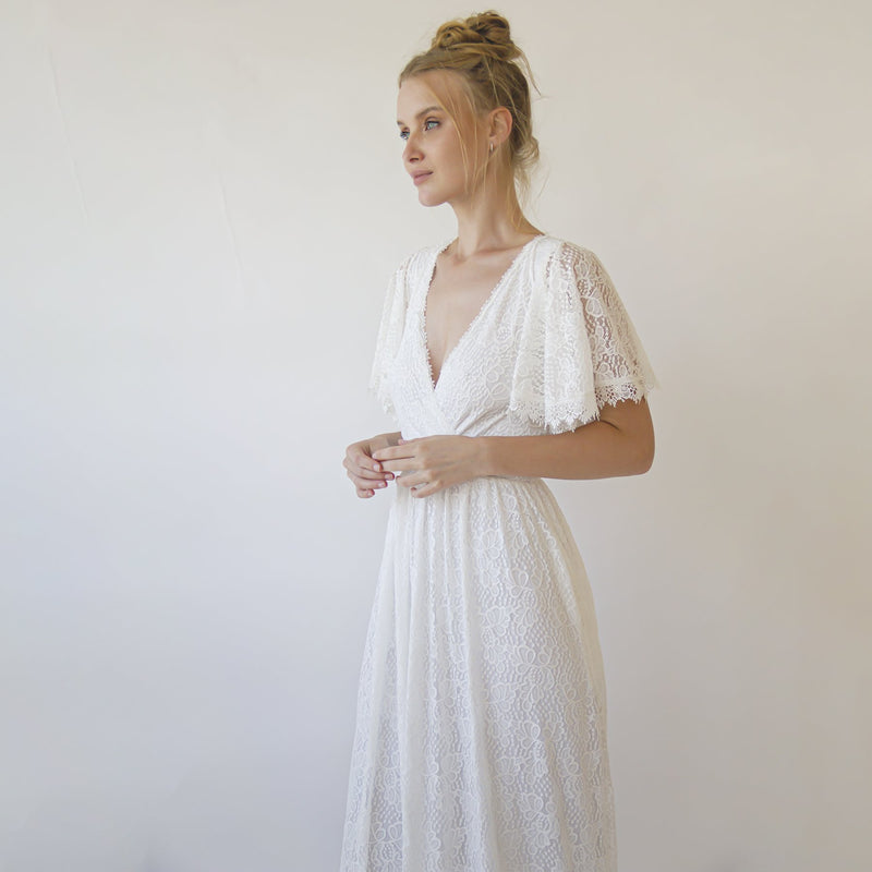 Ivory Fairy Lace Bohemian Wedding Dress With Pockets #1345