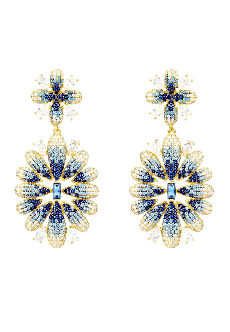 Babylon Flower Drop Earrings Gold Blue