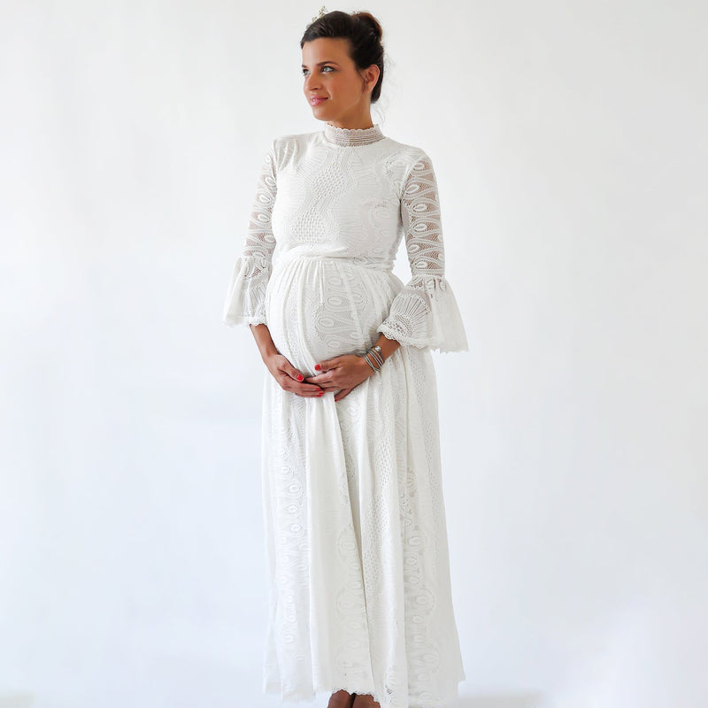 Maternity Bohemian High Neckline, Modest Ivory Wedding Dress With a Train  #7012
