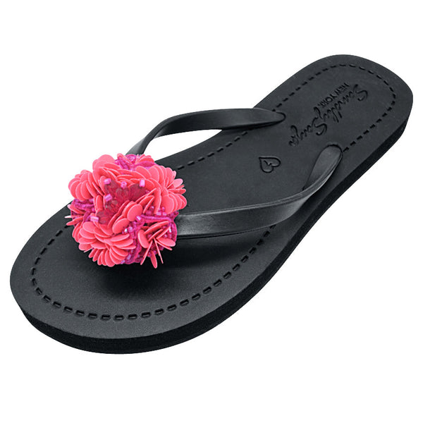 Pink Noho Flower- Embroidered Flat Flip Flops Sandal