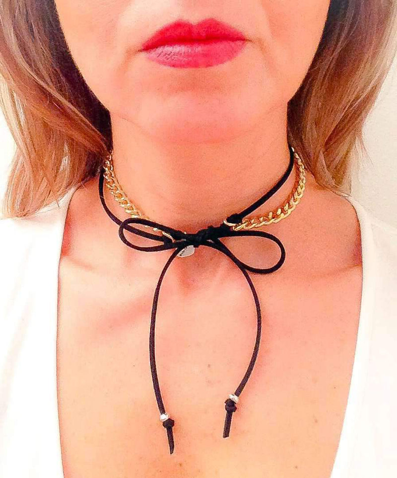 Choker With Deerskin Leather and Silver or Gold Chain. Black Choker, Leather Choker, Choker Necklace, Coachella Jewelry